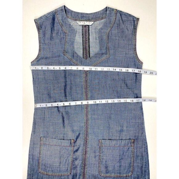 Trina Turk Shift Dress S Blue Chambray Frayed-Hem - Picture 3 of 9